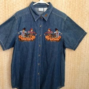 Denim embroidered blouse NWOT